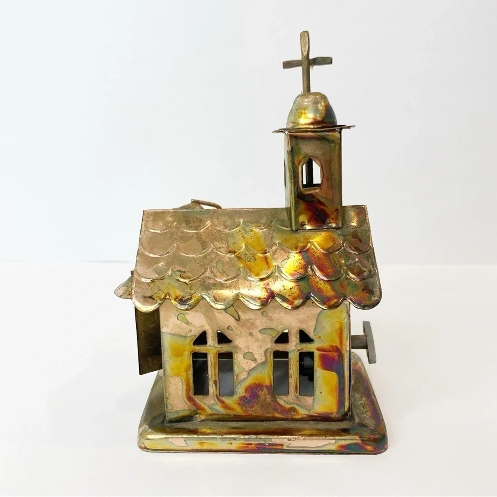 Vintage Copper Color Tin Wind Up Church Music Box Plays Amazing Grace Holidays